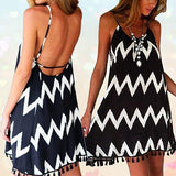 Women's Fashion Summer Sexy Wave Pattern Tassels Backless Strap Beach Dress