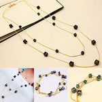 Women Square Rhinestones Beads 2 Layers Golden Alloy Chain Long Sweater Necklace