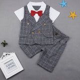 Baby Kids Boys Gentleman Short Sleeve Plaid T-Shirt Pants with Bow Tie Suit Set
