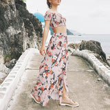 Summer Women Floral Print Long Slit Skirt Off Shoulder Crop Top Beach Dress Set - ENSEIGNE DENIS