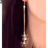 Women Pentacle Rhinestone Drop 3 Layers Chain Long Tassels Dangle Linear Earrings