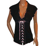 Sexy Women Lapel V-Neck Bandage Lace Up Ruffled Short Sleeve Top T-Shirt Blouse - ENSEIGNE DENIS