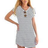 Women Summer Beach Dress Party Short Sleeve Stripe Blouse Top Mini Sundress