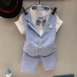 Baby Boy Gentleman Short Sleeve T-Shirt Plaid Waistcoat with Bow Tie Shorts Suit