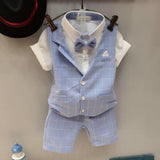 Baby Boy Gentleman Short Sleeve T-Shirt Plaid Waistcoat with Bow Tie Shorts Suit