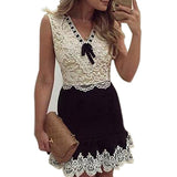Women's Sexy Summer Lace Patchwork Sleeveless Bowknot Party Cocktail Mini Dress