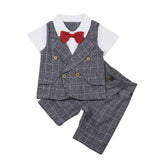 Baby Kids Boys Gentleman Short Sleeve Plaid T-Shirt Pants with Bow Tie Suit Set