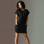 Women Fashion Summer Casual Loose Round Neck Short Sleeve Dress with Pockets