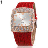 Women's Luxury Square Case Shiny Rhinestones Faux Leather Analog Wrist Watch - ENSEIGNE DENIS