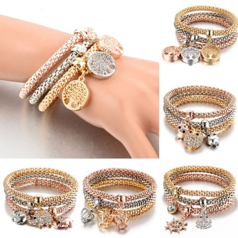 3Pcs/Set Women Fashion Owl Tree Bracelets Rhinestone Pendant Bangle Jewelry Gift - ENSEIGNE DENIS