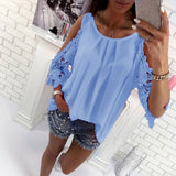 Women Hollow Sleeve Shirt Summer Solid Color Blouse Casual Back Strap Top - ENSEIGNE DENIS