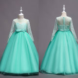 Fashion Girls Formal Lace Bowknot Long Sleeve Party Wedding Princess Maxi Dress