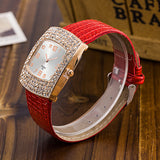 Women's Luxury Square Case Shiny Rhinestones Faux Leather Analog Wrist Watch - ENSEIGNE DENIS