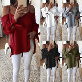 Solid Color Women Long Sleeve V-Neck Spring Summer Casual Strappy Blouse Top