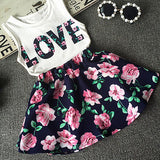 Girls Sleeveless Love Letters Printed Vest Tops + Floral Skirt Two Piece Set