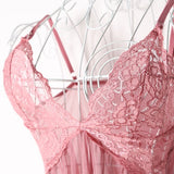 Women Sexy V-Neck Lace See Through Nightdress Sleepwear Dress with G-String