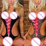 Women Sexy Lace-Up Backless Crotchless Faux Leather Bodysuit Sleepwear Nightwear