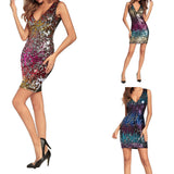 Sexy Gradient Color Sequins Deep-V Sleeveless Summer Women Party Pub Mini Dress - ENSEIGNE DENIS