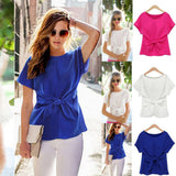 Women Ladies Fashion Short Sleeve Bow Solid Color Casual Tops Blouse T-Shirt