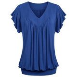 Women Plus Size Loose V Neck Short Sleeve Solid Color Top Pleated Fashion Blouse