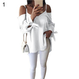 Solid Color Women Long Sleeve V-Neck Spring Summer Casual Strappy Blouse Top