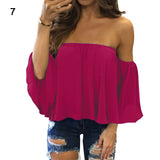 Lady Sexy Off Shoulder Long Sleeve Solid Color Loose Chiffon Top T-shirt Blouse