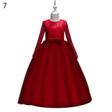 Fashion Girls Formal Lace Bowknot Long Sleeve Party Wedding Princess Maxi Dress