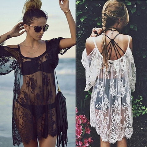 Women Summer Beach Sexy Boho Off Shoulder Floral Lace Hollow Top Cover Up - ENSEIGNE DENIS