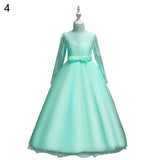 Fashion Girls Formal Lace Bowknot Long Sleeve Party Wedding Princess Maxi Dress