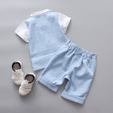 Baby Kids Boys Gentleman Short Sleeve Plaid T-Shirt Pants with Bow Tie Suit Set