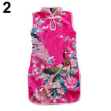 Children Girls Chinese Cheongsam Floral Peacock Lapel Sleeveless Summer Dress