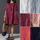 Summer Lady Floral Embroidered O-Neck Beach Cotton Linen Half Sleeve Loose Dress