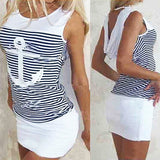 Women's Fashion Sexy Anchor Stripe Sleeveless O-neck Skirts Bodycon Mini Dress - ENSEIGNE DENIS