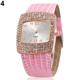 Women's Luxury Square Case Shiny Rhinestones Faux Leather Analog Wrist Watch - ENSEIGNE DENIS