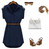 Women's Casual V-neck Cap Sleeve Solid Color Chiffon Shirt Dress with Brown Belt