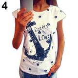 Women Fashion Casual Cotton Anchor Print Short Sleeve T-Shirt Summer Blouse Top - ENSEIGNE DENIS