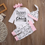 4Pcs Baby Girls Arrow Letters Print Long Sleeve Cotton Romper Pants Hat Headband