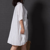 Summer Lady Floral Embroidered O-Neck Beach Cotton Linen Half Sleeve Loose Dress