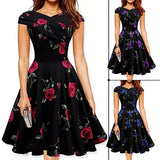 Elegant Women Flower Rose Boat Neck High Waist Big Swing Evening Party Dress