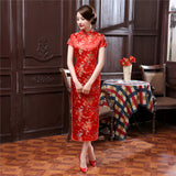 Ethnic Vintage Women Chinese Dragon Phoenix Embroidery Long Slim Cheongsam Dress