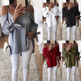 Solid Color Women Long Sleeve V-Neck Spring Summer Casual Strappy Blouse Top