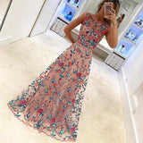 Women's Sleeveless Floral Embroidery Evening Party Long Prom Dress Ball Gown