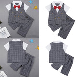 Baby Kids Boys Gentleman Short Sleeve Plaid T-Shirt Pants with Bow Tie Suit Set