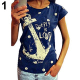 Women Fashion Casual Cotton Anchor Print Short Sleeve T-Shirt Summer Blouse Top - ENSEIGNE DENIS