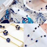 Women Square Rhinestones Beads 2 Layers Golden Alloy Chain Long Sweater Necklace