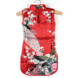Children Girls Chinese Cheongsam Floral Peacock Lapel Sleeveless Summer Dress