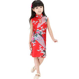 Children Girls Chinese Cheongsam Floral Peacock Lapel Sleeveless Summer Dress
