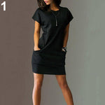 Women Fashion Summer Casual Loose Round Neck Short Sleeve Dress with Pockets