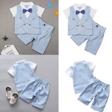 Baby Kids Boys Gentleman Short Sleeve Plaid T-Shirt Pants with Bow Tie Suit Set