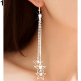 Women Pentacle Rhinestone Drop 3 Layers Chain Long Tassels Dangle Linear Earrings